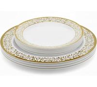 Playlearn Luxia 20Pcs Plastic Plate Set with Decorative Gold Border - Reusable 10 Dinner and 10 Dessert Plates Set - Hard (Textured White & Gold)
