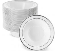 Playlearn Luxia 20Pcs Silver Rim White Plastic Bowls, Soup & Dessert Bowls