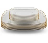 Playlearn Luxia Chic Square Clear Plastic Plates, 100% Reusable & Durable - Fancy Gold Trimmed Dinnerware for Birthday, Catering, Wedding Receptions, and Upscale Formal Occasions Dishwasher Safe.