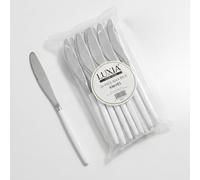 Playlearn Luxia Reusable Washable White Silver Plastic Knives, 20pcs Bulk Pack Durable Elegant Cutlery, 19.62m Durable Dinnerware for Weddings, Catered Events