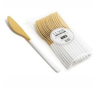 Playlearn Luxia Reusable White and Gold Reusable Washable Plastic Knives, 20pcs Bulk Pack Durable Elegant Cutlery, 22.3cm Durable Dinnerware for Weddings, Catered Events
