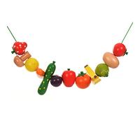 Playlearn Wooden Fruit and Vegetable Threading Set - Lacing Beads Game for 2-5 Year Olds - Includes 2 Laces