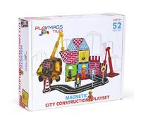 Playmags 52-Piece City Construction Magnetic Tiles Set, Building Blocks with Crane & Road Pieces, Educational STEM Toys for Boys & Girls Ages 3+
