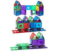 Playmags Magnetic Tiles Train Car Set for Kids - 55pcs Magnet Building Blocks Accessory Set with 4 Cars - Durable Creative STEM Learning Toys for Boys, Girls & Toddlers