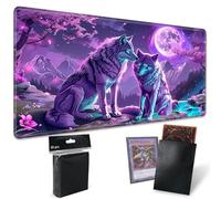 Playmats for Magic: The Gathering MTG Card Game Mat Plus 50 Pcs Card Sleeves, 24 x 14 inch TCG Mat with Stitched Edge for Commander Deck Duskmourn Board Game, Purple Moon Wolf