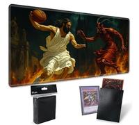 Playmats for Magic: The Gathering MTG Card Game Mat Plus 50 Pcs Card Sleeves, 24" x 14" TCG Mat with Stitched Edge for Commander Deck Duskmourn Board Game, Jesus Play Basketball with The Devil