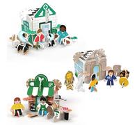 PLAYPRESS Vets, Refill Cafe and Museum - 3 x Mini Playsets - Eco-Friendly Building Toys - Easy Storage - Construction Toys for Ages 4+
