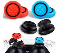 PlayRealm NO Falling Off Thumbstick Extender x 2 & Thumb Grip x 4 for PS5 & PS4 Controller (Red & Blue Black Ring)