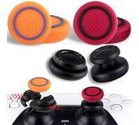 PlayRealm NO Falling Off Thumbstick Extender x 2 & Thumb Grip x 4 for PS5 & PS4 Controller (Red Orange Pack)