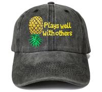 Plays Well with Others Embroidered Baseball Hat Upside Down Pineapple Baseball Cap Adjustable Embroidery Denim Hats, Black, One size