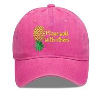 Plays Well with Others Embroidered Baseball Hat Upside Down Pineapple Baseball Cap Adjustable Embroidery Denim Hats, Pink, One size