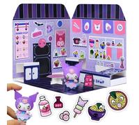 Playset Kuromi Ramen Shop 40+ Stickers and 6cm Figurine | 3D House Restaurant Reusable Stickers | Kawaii Foodcourt Sticker House | Comansi