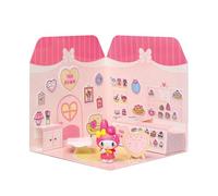 Playset My Melody Tea Room 40+ Stickers and 6cm Figurine | 3D House Restaurant Reusable Stickers | Kawaii Foodcourt Sticker House | Comansi
