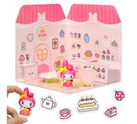 Playset My Melody Tea Room 40+ Stickers and 6cm Figurine | 3D House Restaurant Reusable Stickers | Kawaii Foodcourt Sticker House | Comansi