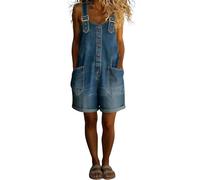 Playsuits for Women UK 2026 Denim Sleeveless Wide Leg Overalls Summer Casual Bib Playsuits Baggy Holiday Dungarees Solid Plus Size Adjustable Straps Jumpsuits Ladies Work Overalls with Pockets