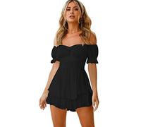 Playsuits for Women UK Elegant Sexy Boho Floral Print Off Shoulder Ruffle Hem Chiffon Romper Shorts Mini Smock Dress Petite Ladies Cottagecore Sundress Summer Beach Casual Short Jumpsuit Black L