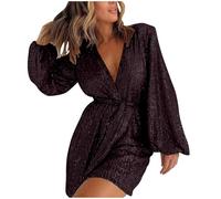 Playsuits for Women UK Sequin Cross Wrap V Neck Jumpsuits Shorts with Belt Puff Sleeve Tunic Rompers Shorts Sparkly One Piece Jumpsuit Low Cut Sexy One Piece Shorts Club Disco Party Outfit