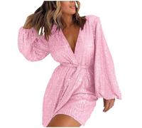 Playsuits for Women UK Sequin Cross Wrap V Neck Jumpsuits Shorts with Belt Puff Sleeve Tunic Rompers Shorts Sparkly One Piece Jumpsuit Low Cut Sexy One Piece Shorts Club Disco Party Outfit