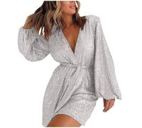Playsuits for Women UK Sequin Cross Wrap V Neck Jumpsuits Shorts with Belt Puff Sleeve Tunic Rompers Shorts Sparkly One Piece Jumpsuit Low Cut Sexy One Piece Shorts Club Disco Party Outfit