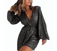 Playsuits for Women UK Sequin Cross Wrap V Neck Jumpsuits Shorts with Belt Puff Sleeve Tunic Rompers Shorts Sparkly One Piece Jumpsuit Low Cut Sexy One Piece Shorts Club Disco Party Outfit