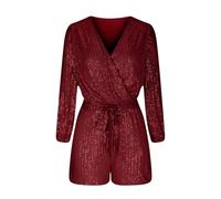 Playsuits for Women UK Sequin Cross Wrap V Neck Jumpsuits Shorts with Belt Puff Sleeve Tunic Rompers Shorts Sparkly One Piece Jumpsuit Low Cut Sexy One Piece Shorts Club Disco Party Outfit