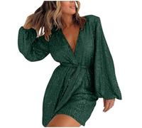 Playsuits for Women UK Sequin Cross Wrap V Neck Jumpsuits Shorts with Belt Puff Sleeve Tunic Rompers Shorts Sparkly One Piece Jumpsuit Low Cut Sexy One Piece Shorts Club Disco Party Outfit