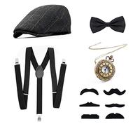 Playtee 1920s Gatsby Costume for Men Fancy Dress Accessories Set - Panama Hat, Elastic Y-Back Suspender, Bow Tie, Fake Moustache and Vintage Pocket Watch
