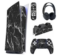playvital Black White Marble Effect Full Set Skin Decal for ps5 Console Digital Edition, Sticker Vinyl Decal for ps5 Controller & Charging Station & Headset & Media Remote