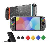 PlayVital Clear Series Protective Case for Nintendo Switch 2, Anti-Scratches Hard Shell Dockable Grip Cover with Extra Foldable Stand & Thumb Grips for Nintendo Switch 2 - Clear Glitter Silver
