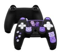 playvital Cute Bear Controller Silicone Case for ps5, Kawaii Controller Cover Compatible with Charging Station, Gamepad Skin Protector for ps5 with Touch Pad Sticker & Thumb Grips - Black & Purple