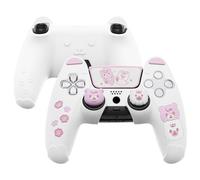 PlayVital Cute Bear Controller Silicone Case for ps5, Kawaii Controller Cover Compatible with Charging Station, Gamepad Skin Protector for ps5 with Touch Pad Sticker & Thumb Grips - White & Pink