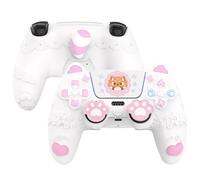 PlayVital Cute Spring Lesser Panda Silicone Cover for ps5 Controller with Joystick Cap and Sticker, Anti-Grip Shockproof Skin, Compatible with Charging Station, White