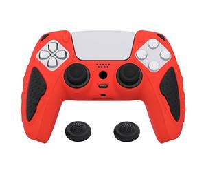 playvital Knight Edition Passion Red & Black Two Tone Anti-Slip Silicone Cover Skin for ps5 Controller, Soft Rubber Case for ps5 Wireless Controller with Thumb Grip Caps