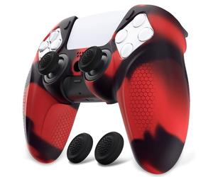 PlayVital Ninja Edition Anti-Slip Silicone Cover Skin for ps5 Wireless Controller, Ergonomic Protector Soft Rubber Case for ps5 Fits with Charging Station with Thumb Grip Caps - Red & Black