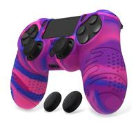 PlayVital Silicone Cover Skin for ps4 Controller, Anti-Slip Soft Protector Case Cover with Thumb Grip Caps for ps4 Slim & Pro Controller - Line & Dot Pink Purple Blue