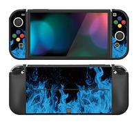PlayVital ZealProtect Soft Protective Case for Nintendo Switch OLED, Flexible Protector Joycon Grip Cover for Switch OLED with Thumb Grip Caps & ABXY Direction Button Caps - Blue Flame