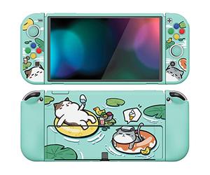 PlayVital ZealProtect Soft Protective Case for Nintendo Switch OLED, Flexible Protector Joycon Grip Cover for Nintendo Switch OLED with Thumb Grip Caps & ABXY Direction Button Caps - Pool Party Kitten