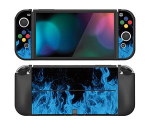 PlayVital ZealProtect Soft Protective Case for Nintendo Switch OLED, Flexible Protector Joycon Grip Cover for Switch OLED with Thumb Grip Caps & ABXY Direction Button Caps - Blue Flame