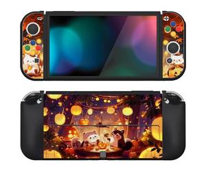 playvital ZealProtect Soft Protective Case for Nintendo Switch OLED, Protector Joycon Grip Cover for Switch OLED with Thumb Grip Caps & ABXY Direction Button Caps - Halloween Pumpkin Fest
