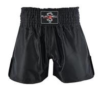 Playwell Plain Black Satin Muay Thai Training Shorts, Elasticated Waistband, for Boxing and Kickboxing (Large)