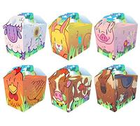 Playwrite 30 Farm Animal Party Boxes for Kids - Cardboard Treat & Lunch Boxes with Carry Handle - Cute Farmyard Designs Including Sheep, Rabbit, Pig, Chicken, Cow & Horse