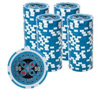 Playzaic 14-gram The Ultimate Poker Chips (100-Pack) Heavy Clay Composite Set - Bulk Casino Chips with Denominations for Texas Holdem, Blackjack - Betting Game Accessories ($50 Light Blue)
