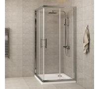 Plaza 800 x 800mm Corner Entry Shower Enclosure with Pearlstone Tray 6mm Glass Reversible Square Cubicle Double Sliding Door