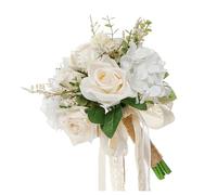 Plcnn Champagne Wedding Bouquets for Bride, Artificial White Rose Bridal Bouquet, 8 Inches Romantic Wedding Flower Bouquet with Silk Ribbon for Brides Bridesmaid Hold Flower