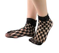 PLCPDM Fishnets Mesh Short Ankle Socks With Hollowout Rhombus Pattern And Ruffle Frilly Lace Trim For Women Black Dress Black Mesh Women