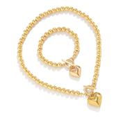 PLCPDM Simple Gold Color Ball Bead Chain Necklace Heart Pendant Jewelry Set Elegant Beaded Accessory For Women Statement Necklace For Women