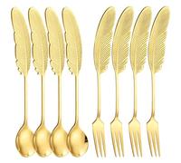 Pleafind 8PCS Coffee Tea Spoons Cake Forks, Stainless Steel Gold Feather Shape Small Dessert Forks Ice Cream Teaspoons Stirring Milk Spoon Gifts for Men, Christmas Birthday Men Gifts, Dishwasher Safe