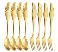 Pleafind 8PCS Coffee Tea Spoons Cake Forks, Stainless Steel Gold Wing Shape Small Dessert Forks Ice Cream Teaspoons Stirring Milk Spoon Gifts for Men, Christmas Birthday Men Gifts, Dishwasher Safe