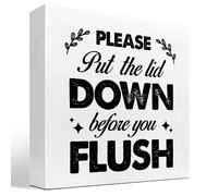Pleas Put The Lid Down Before You Flush Funny Bathroom Wood Block Sign Desk Decor Rustic Wooden Box Plaque Sign Desk Decor For Home Bedroom Office Restroom Toilet Shelf Table Decor 5x5 Inch