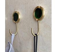 PLEASANT BREEZE Solid Brass Decorative Wall Hook, Self-Adhesive Hole Free Wall Mount, Shining Gold Fancy Hook (Dark Agate Green-Pack of 2)